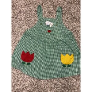 Vtg Tiny Tots Girls Sz 24 Mths Sun Dress Green Gingham Tulip floral Jumper